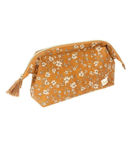 Medidas: 24 x 10 x 14 cm. Neceser de viaje compacto. Diseño de flores, color naranja.