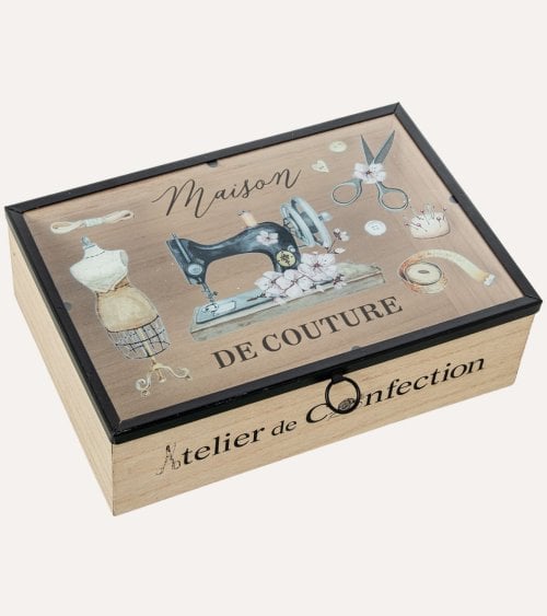 Caja Costurero de Madera con Tapa de Cristal