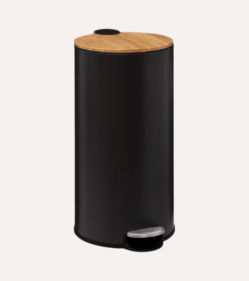 Cubo de Basura Modern Negro con Tapa de Bambú