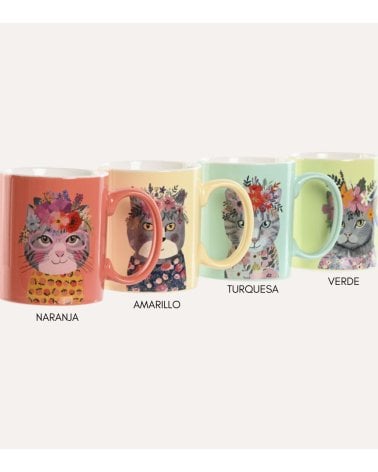 Taza Mug de Gato con Flores de Porcelana