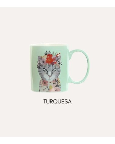 Taza Mug de Gato con Flores de Porcelana