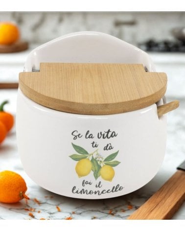 Azucarero con Dibujo de Limones y Tapa de Madera