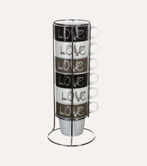 Set de 6 Tazas Love con Base de Porcelana y Hierro